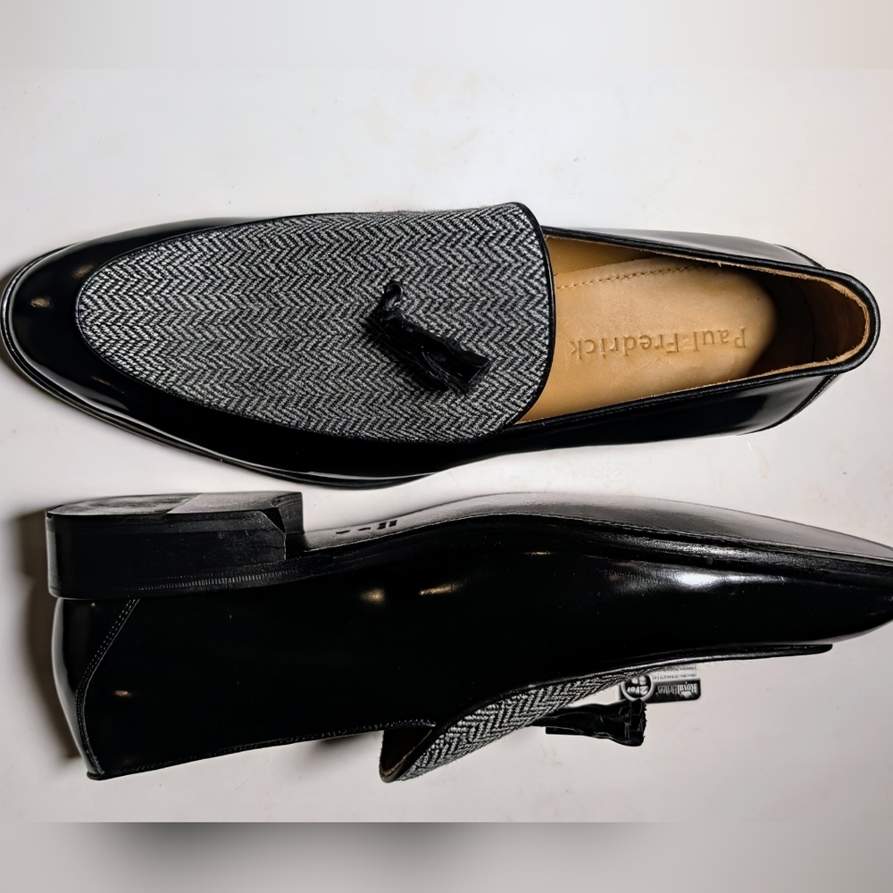 Paul Fredrick Black Patent & Gray Herringbone Tassel Loafers